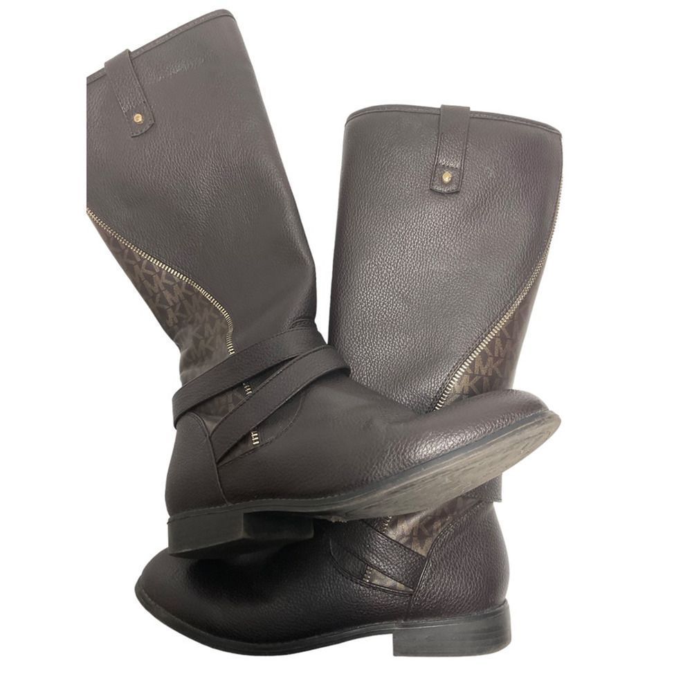 Michael Kors Womens Emma Claire Riding Boots Brown Straps Mid Calf Monogram 5 - Picture 4 of 8